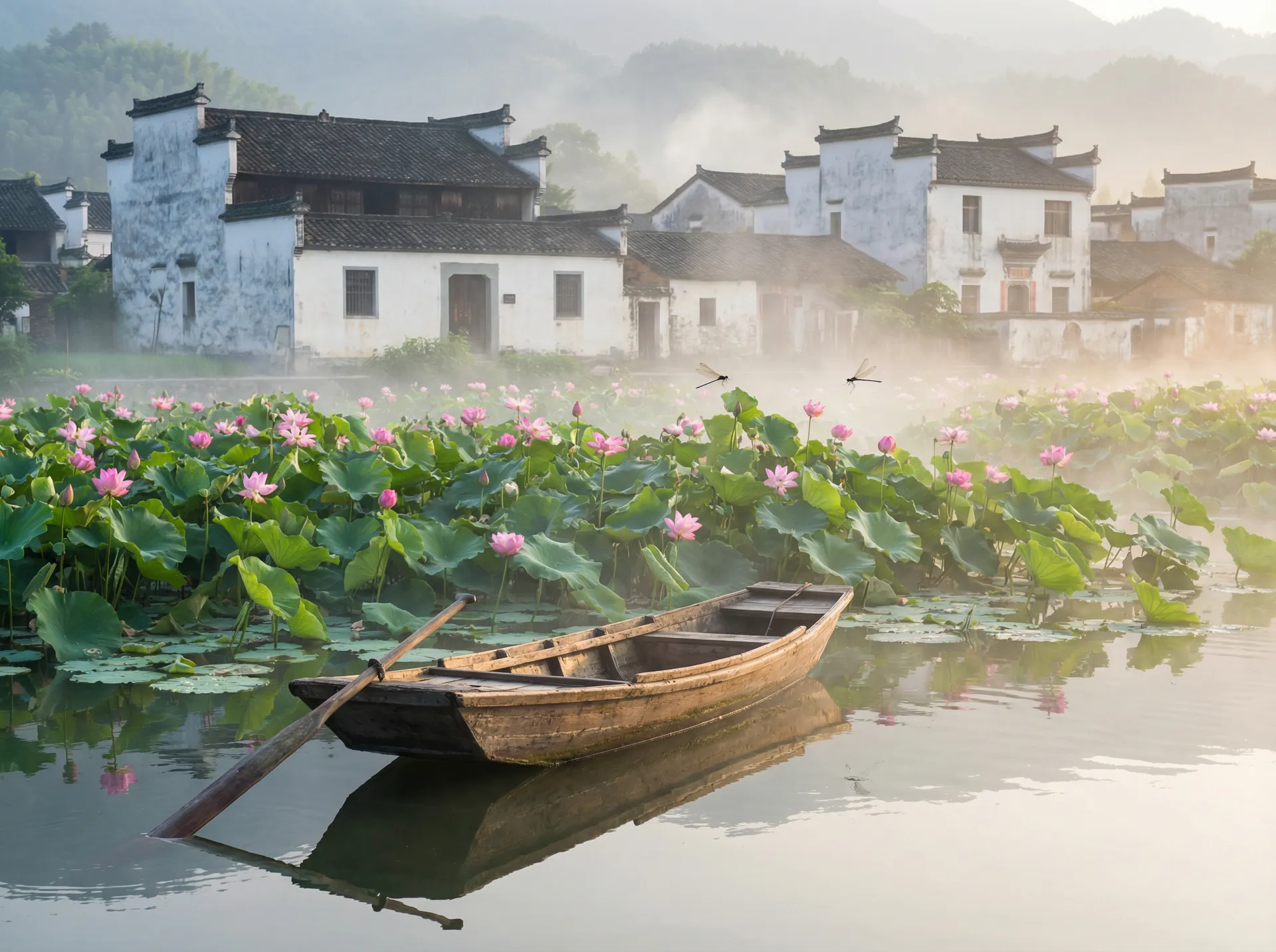 清晨荷塘小舟，粉色荷花盛开，白墙黑瓦的村庄 - 波多野结高清无码中文DVD 水乡风情